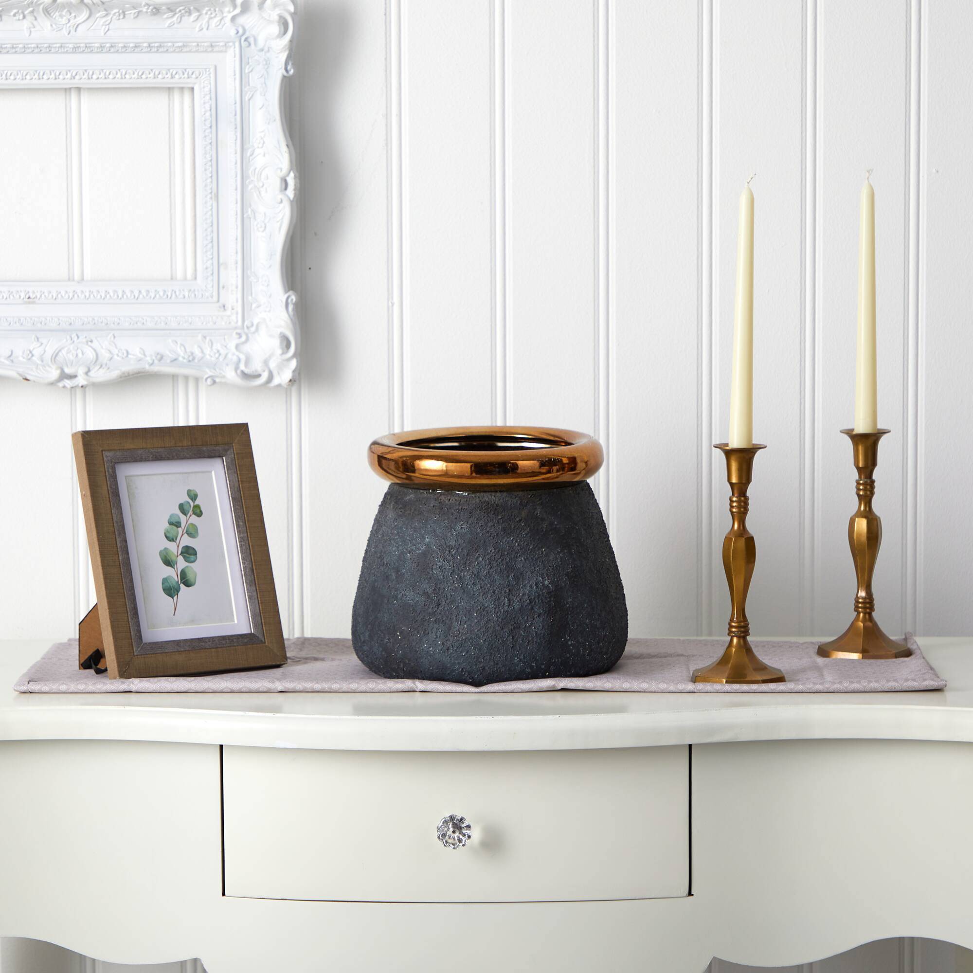 8" Stone Planter with Bronze Rim